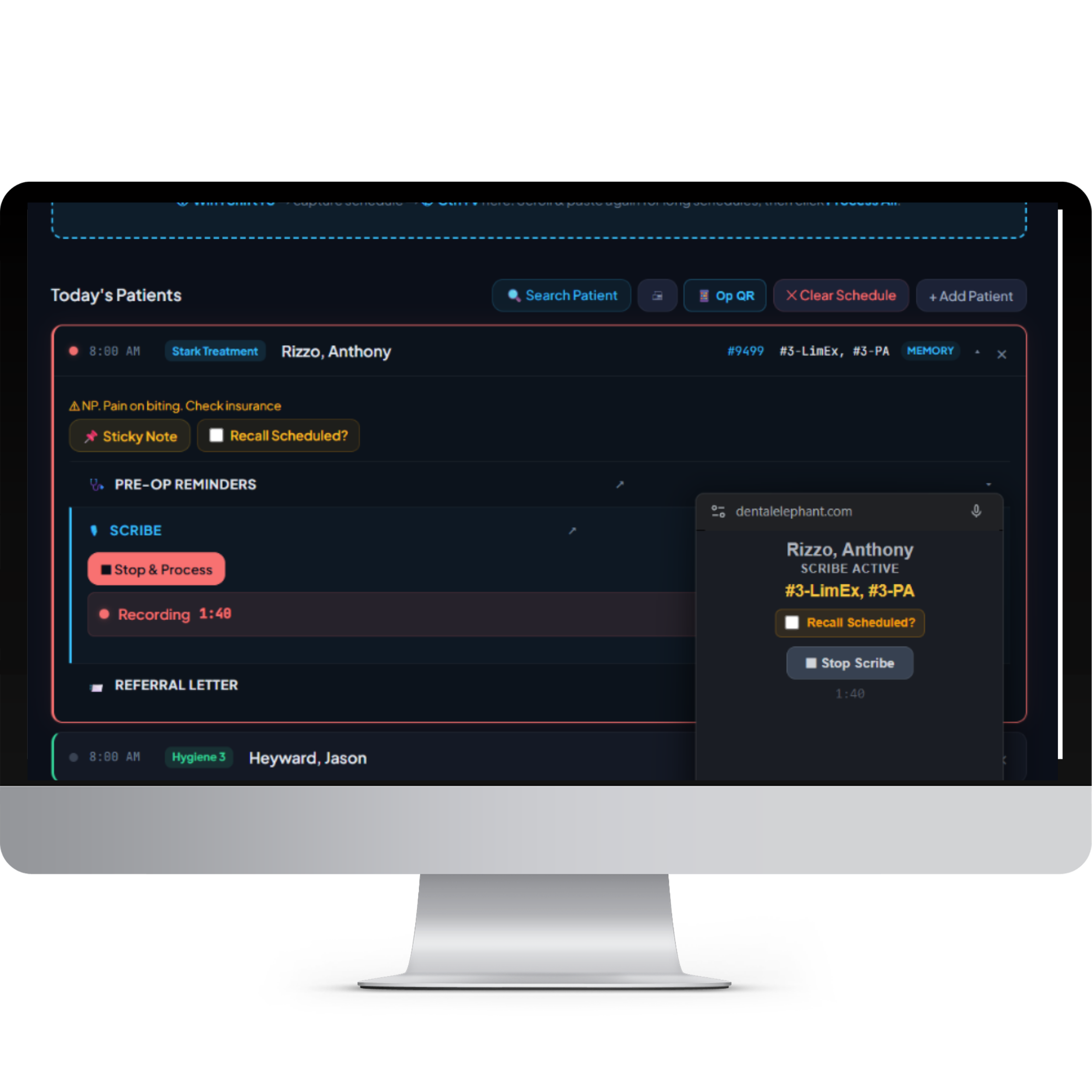 Dental Elephant AI Scribe dashboard on a monitor showing patient schedule and live recording